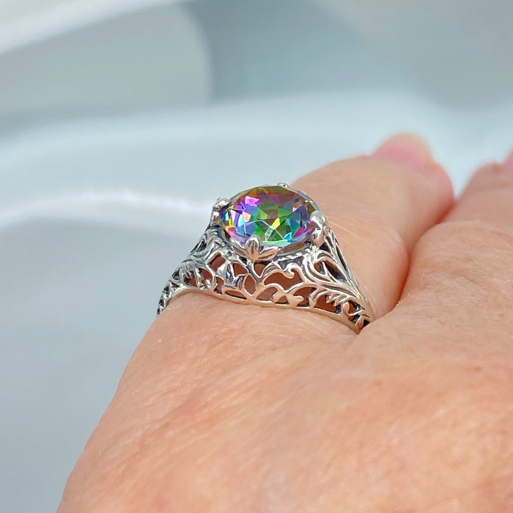 mystic topaz ring, solitaire ring with swirl filigree, antique floral sterling silver filigree, Coffee Ring, Silver Embrace Jewelry, D198
