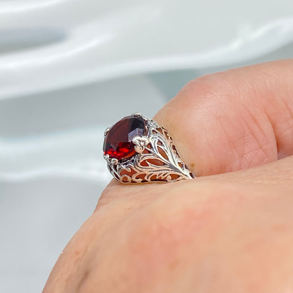 red garnet Ring, solitaire ring with swirl Filigree, antique style floral sterling silver filigree, simulated gemstone, silver Embrace jewelry, D198 Coffee Ring