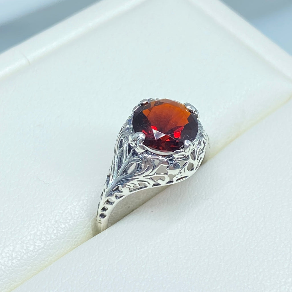 red garnet Ring, solitaire ring with swirl Filigree, antique style floral sterling silver filigree, simulated gemstone, silver Embrace jewelry, D198 Coffee Ring