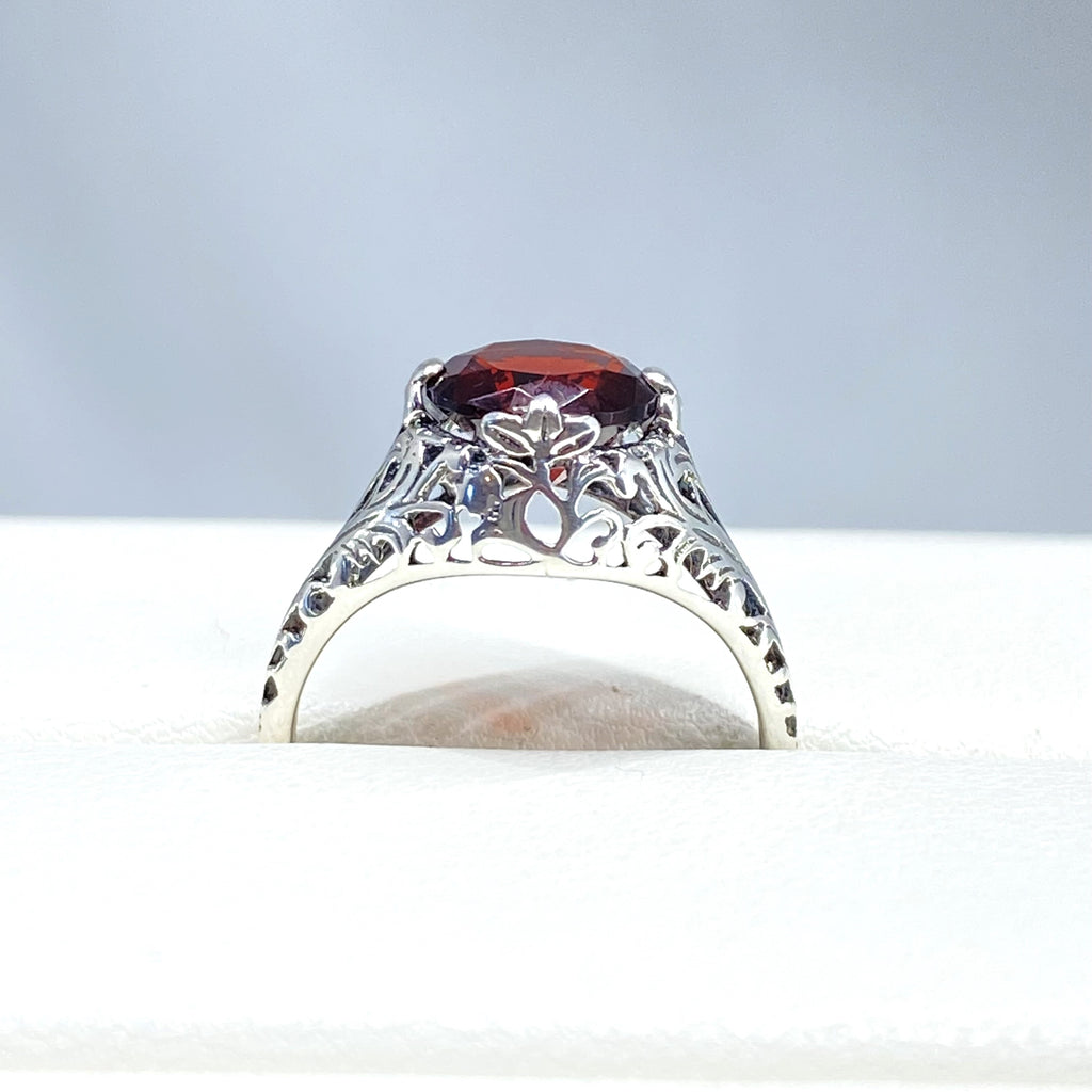 red garnet Ring, solitaire ring with swirl Filigree, antique style floral sterling silver filigree, simulated gemstone, silver Embrace jewelry, D198 Coffee Ring