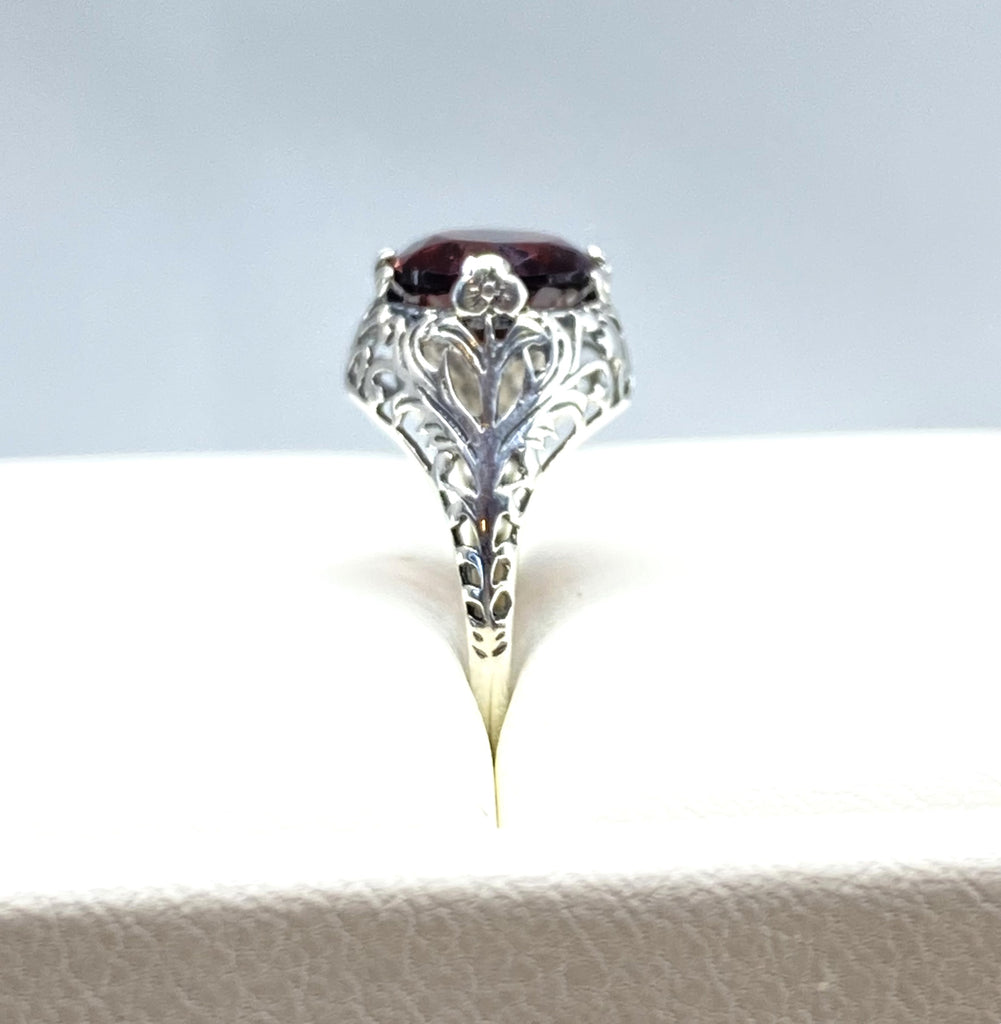 red garnet Ring, solitaire ring with swirl Filigree, antique style floral sterling silver filigree, simulated gemstone, silver Embrace jewelry, D198 Coffee Ring