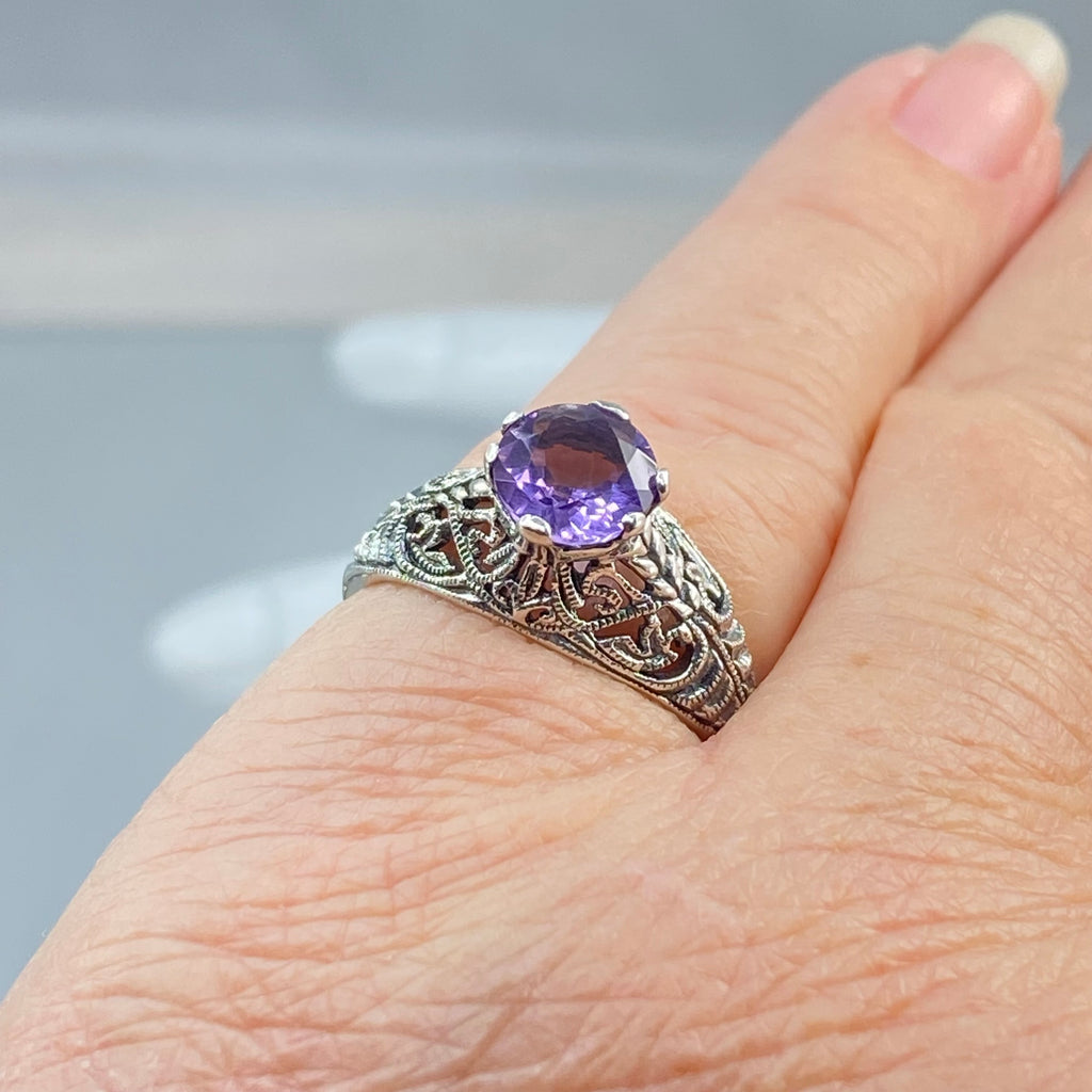 Natural Amethyst ring, Purple Amethyst Natural Gem, Corset Ring, Victorian Era Jewelry, Sterling silver filigree, D199, silver Embrace jewelry