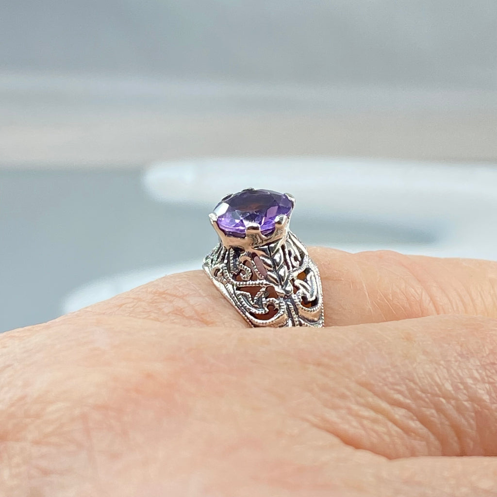 Natural Amethyst ring, Purple Amethyst Natural Gem, Corset Ring, Victorian Era Jewelry, Sterling silver filigree, D199, silver Embrace jewelry