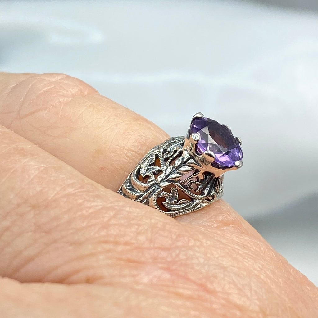 Natural Amethyst ring, Purple Amethyst Natural Gem, Corset Ring, Victorian Era Jewelry, Sterling silver filigree, D199, silver Embrace jewelry