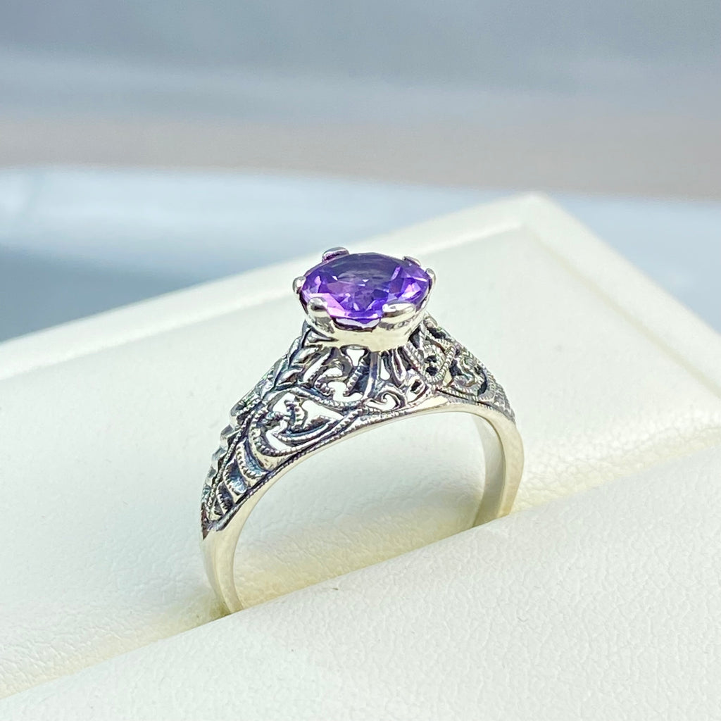 Natural Amethyst ring, Purple Amethyst Natural Gem, Corset Ring, Victorian Era Jewelry, Sterling silver filigree, D199, silver Embrace jewelry