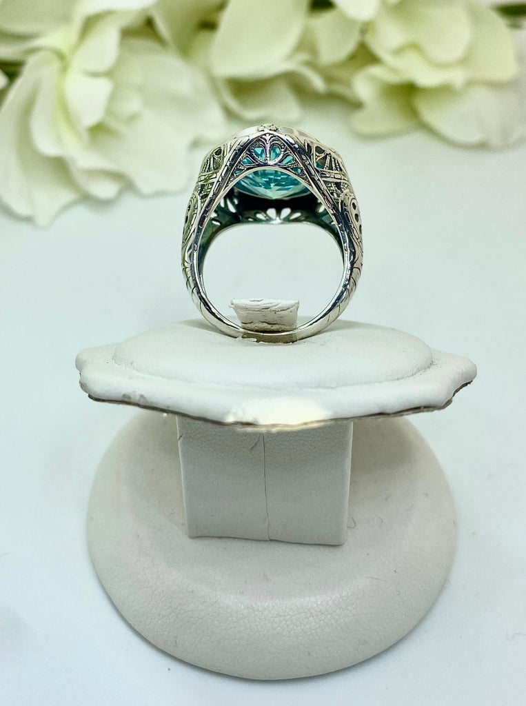 Sky Blue Aquamarine Ring, Large Oval Victorian Ring, Floral Filigree, Sterling Silver Ring, Silver Embrace Jewelry, GG Design#2