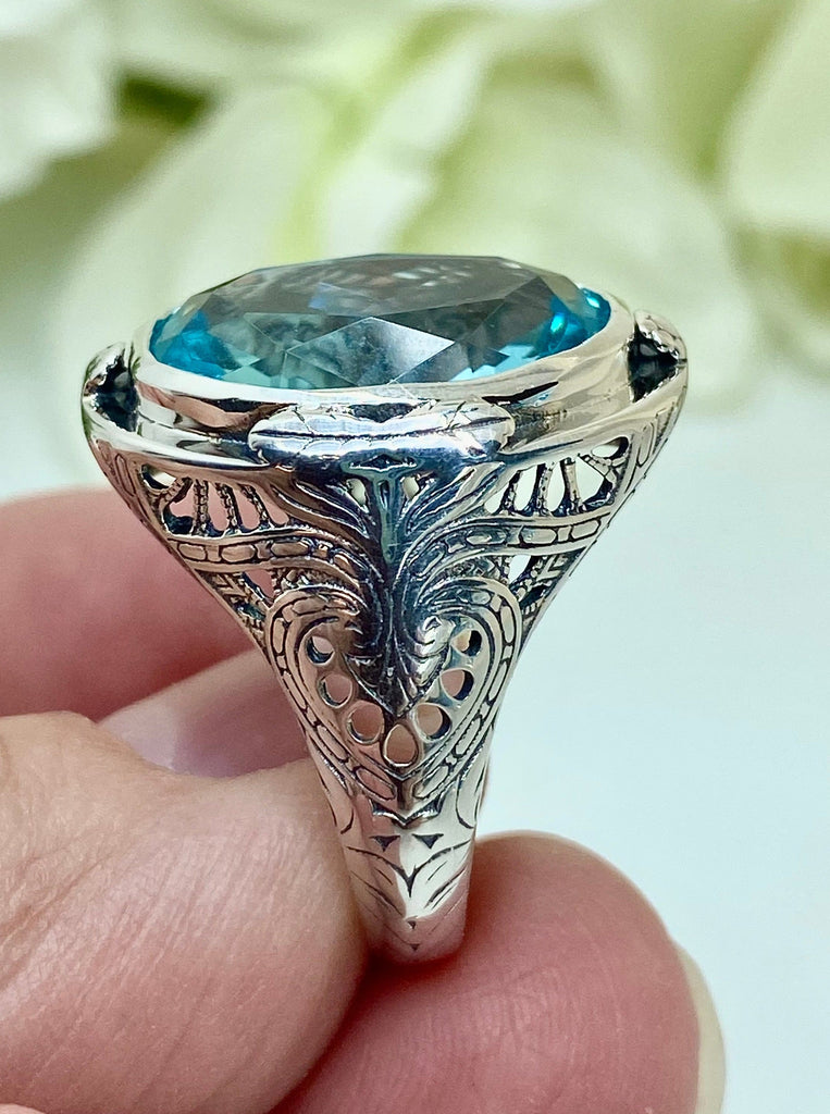 Sky Blue Aquamarine Ring, Large Oval Victorian Ring, Floral Filigree, Sterling Silver Ring, Silver Embrace Jewelry, GG Design#2