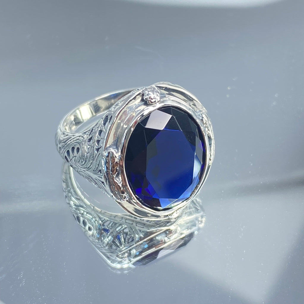 Blue Sapphire Ring, Large Oval Victorian Ring, Floral Filigree, Sterling Silver Ring, Silver Embrace Jewelry, GG Design#2