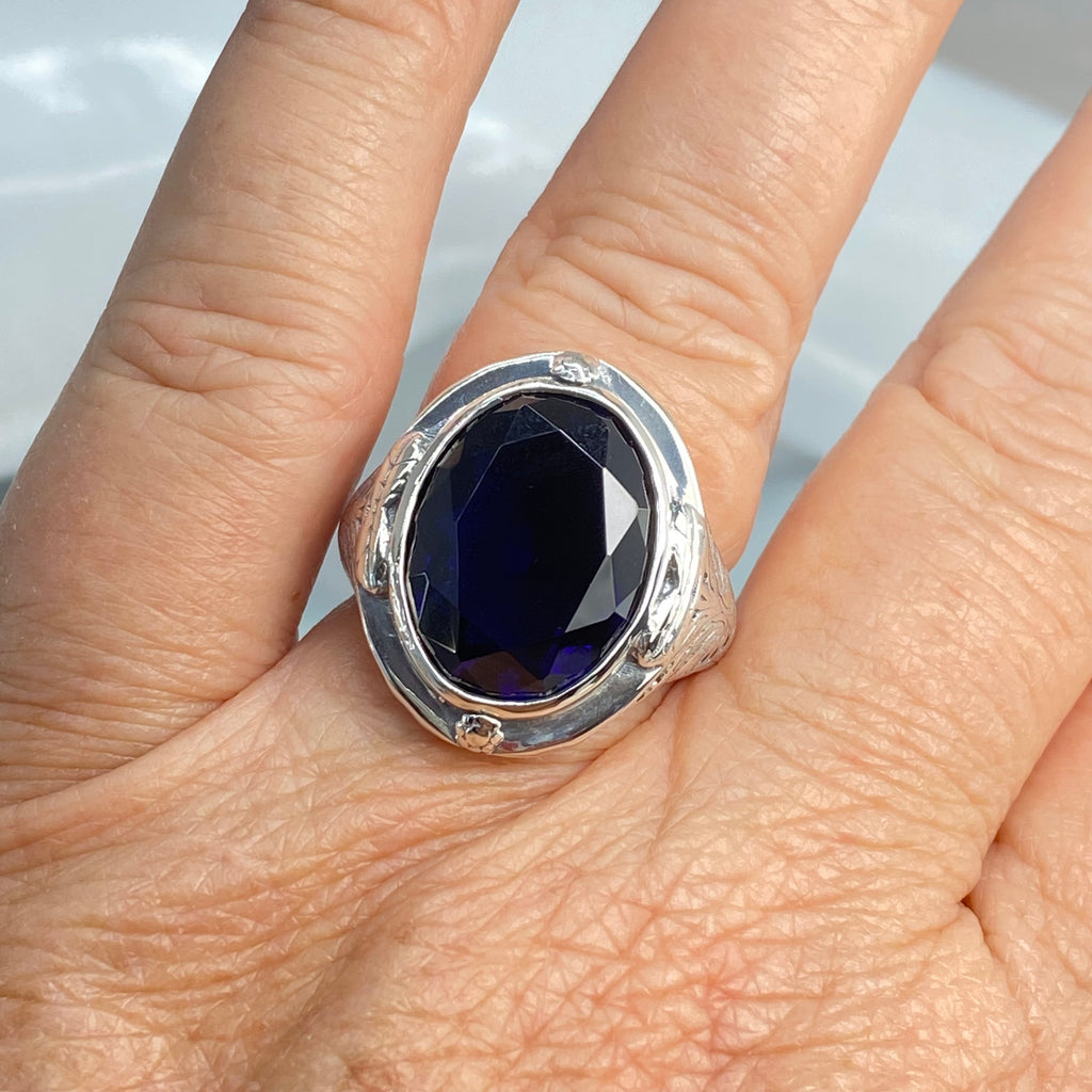 Blue Sapphire Ring, Large Oval Victorian Ring, Floral Filigree, Sterling Silver Ring, Silver Embrace Jewelry, GG Design#2