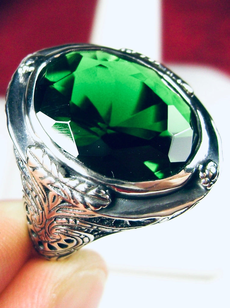 Green Emerald Ring, Large Oval Victorian Ring, Floral Filigree, Sterling Silver Ring, Silver Embrace Jewelry, GG Design#2