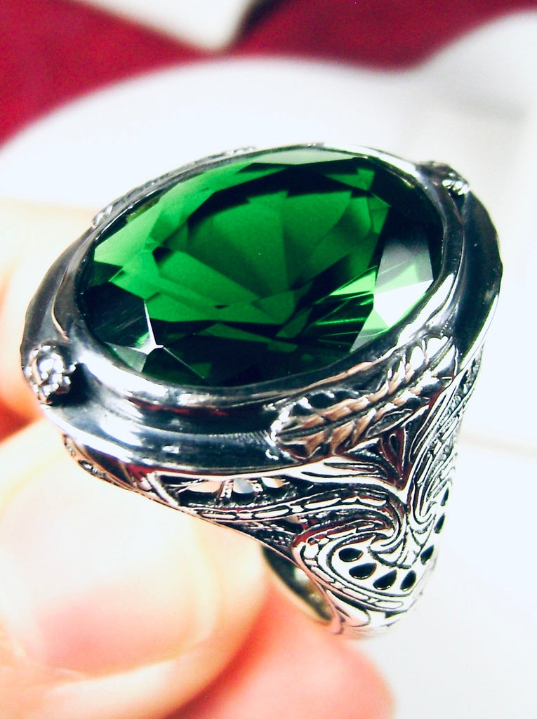 Green Emerald Ring, Large Oval Victorian Ring, Floral Filigree, Sterling Silver Ring, Silver Embrace Jewelry, GG Design#2