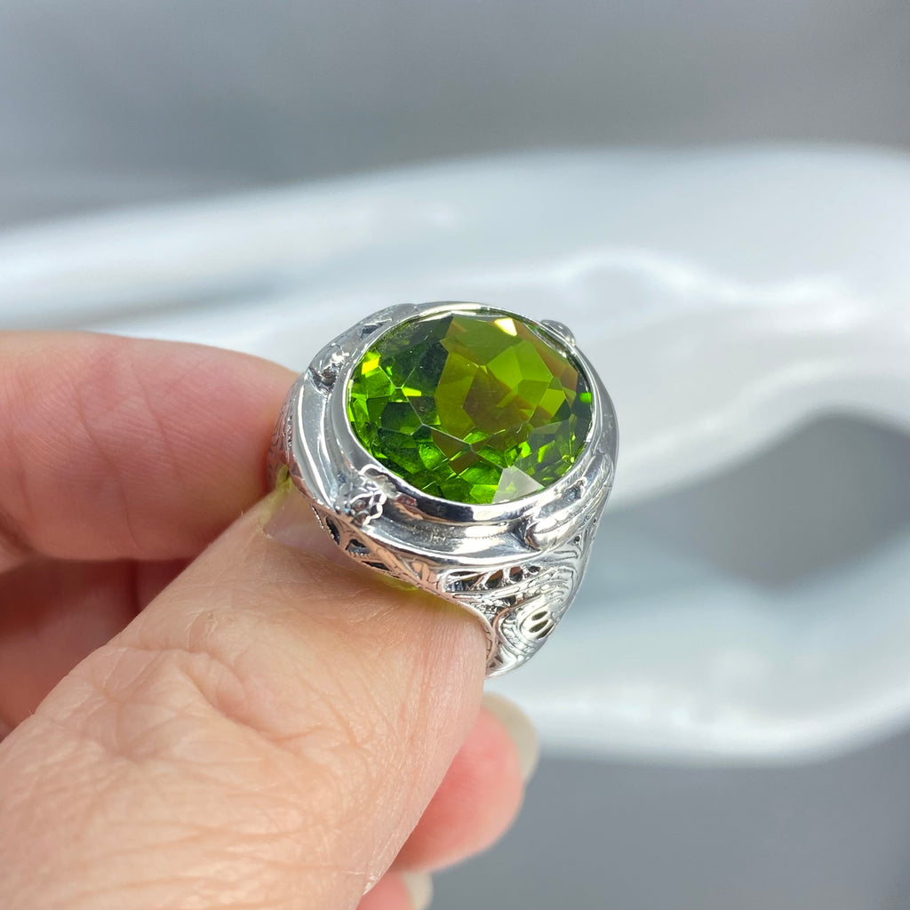 Green Peridot Ring, Large Oval Victorian Ring, Floral Filigree, Sterling Silver Ring, Silver Embrace Jewelry, GG Design#2