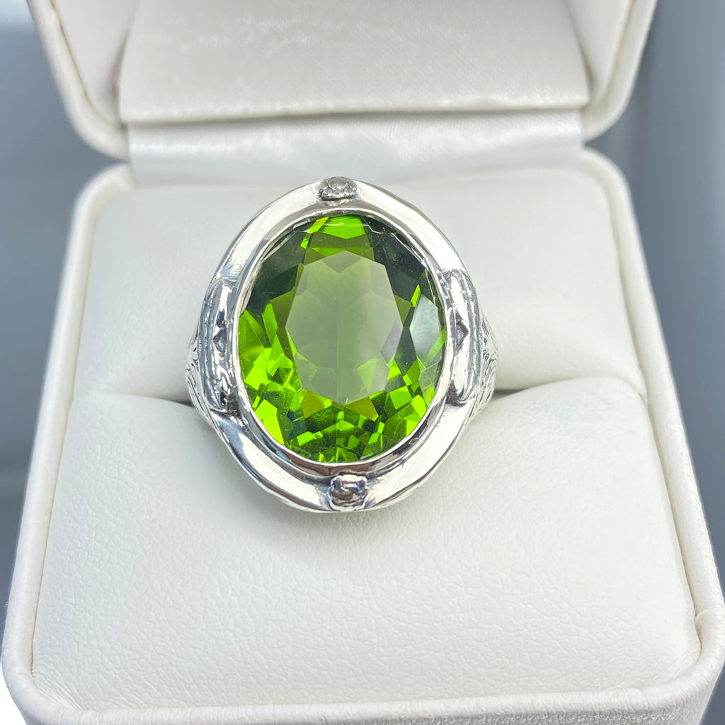 Green Peridot Ring, Large Oval Victorian Ring, Floral Filigree, Sterling Silver Ring, Silver Embrace Jewelry, GG Design#2