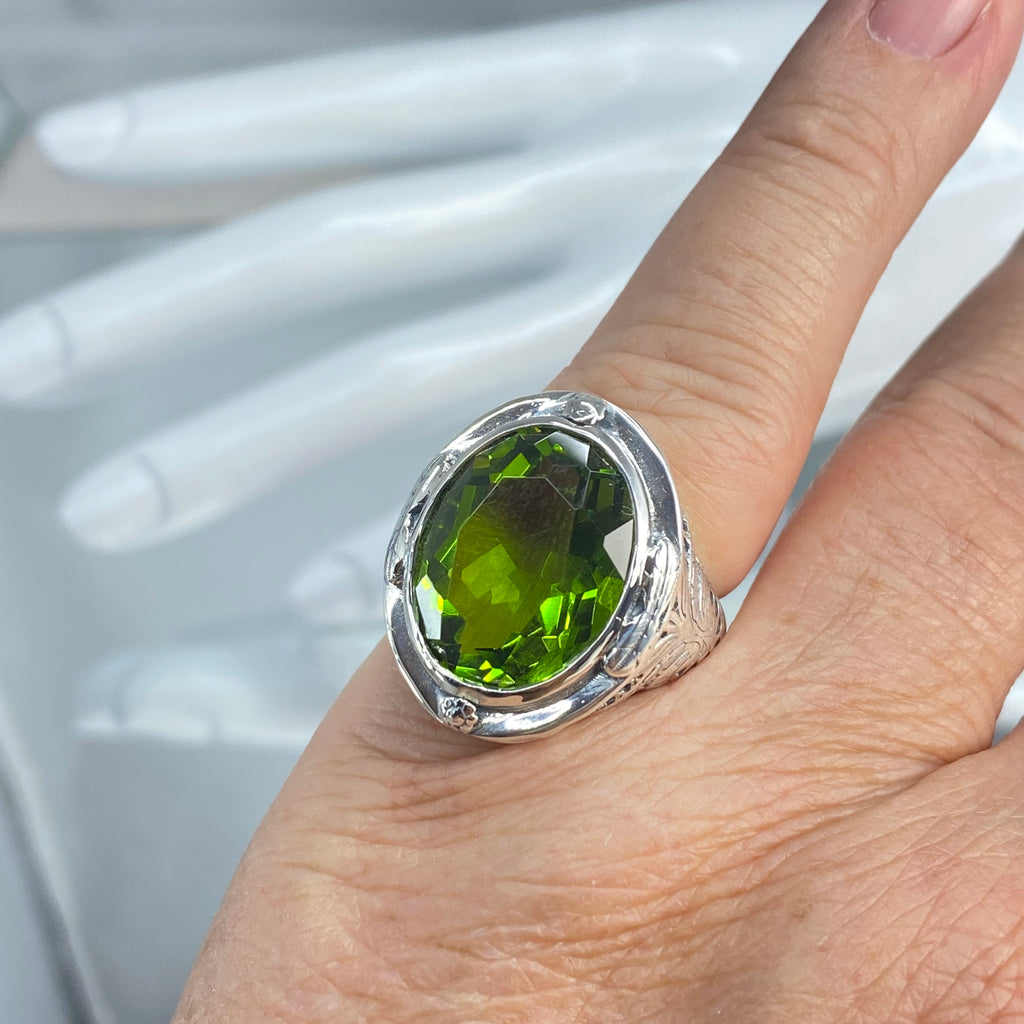 Green Peridot Ring, Large Oval Victorian Ring, Floral Filigree, Sterling Silver Ring, Silver Embrace Jewelry, GG Design#2