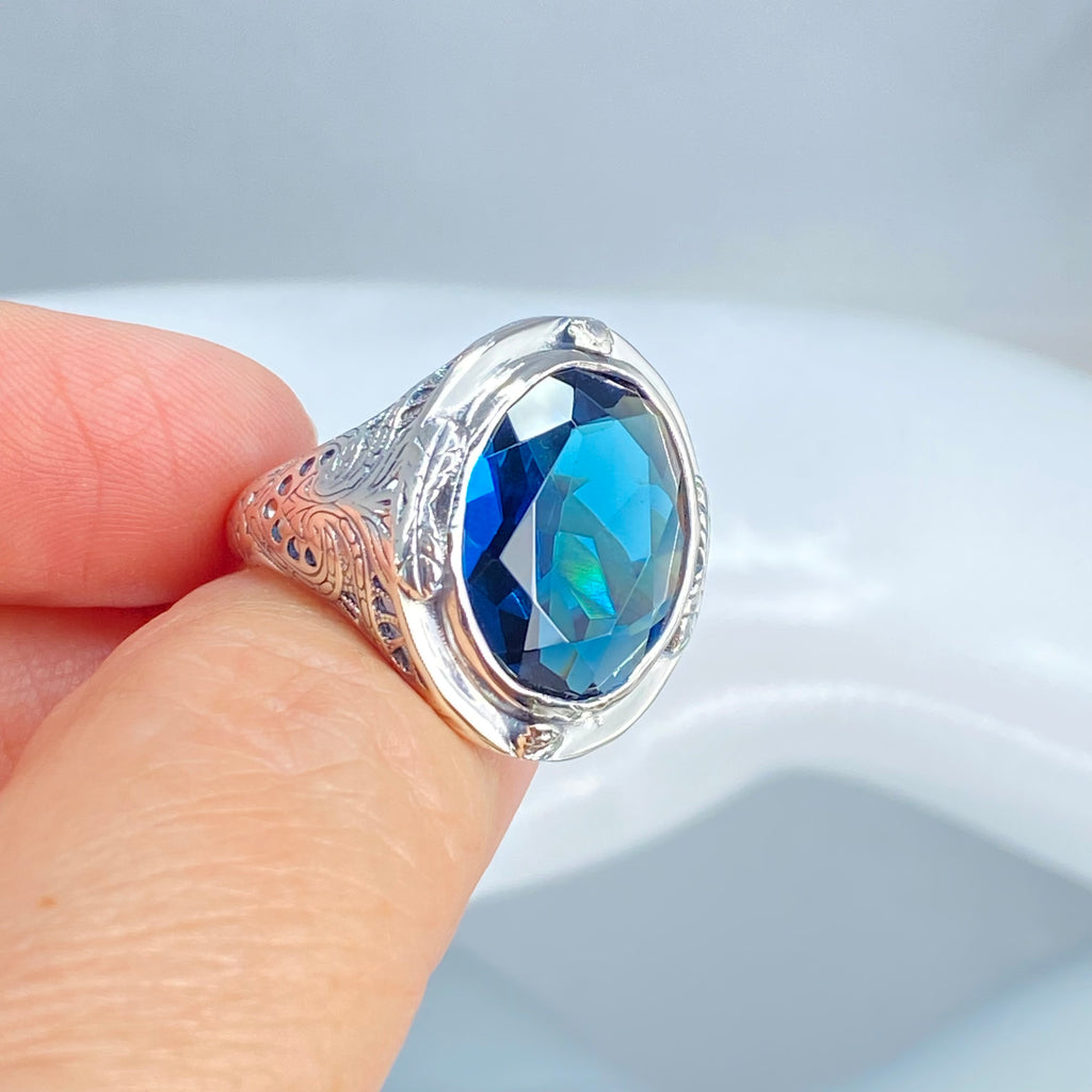 London Blue Topaz Ring, Large Oval Victorian Ring, Floral Filigree, Sterling Silver Ring, Silver Embrace Jewelry, GG Design#2