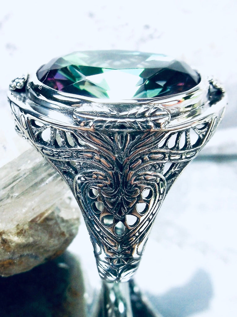 Mystic Rainbow Topaz Ring, Large Oval Victorian Ring, Floral Filigree, Sterling Silver Ring, Silver Embrace Jewelry, GG Design#2