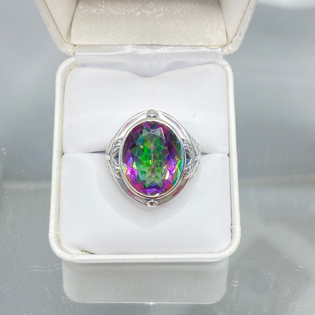 Mystic Oval Gemstone Ring, Sterling silver leaf filigree, Antique style, Large ring, Silver Embrace Jewelry, D2 GG Ring, Multicolored gemstone ring in a white jewelry box