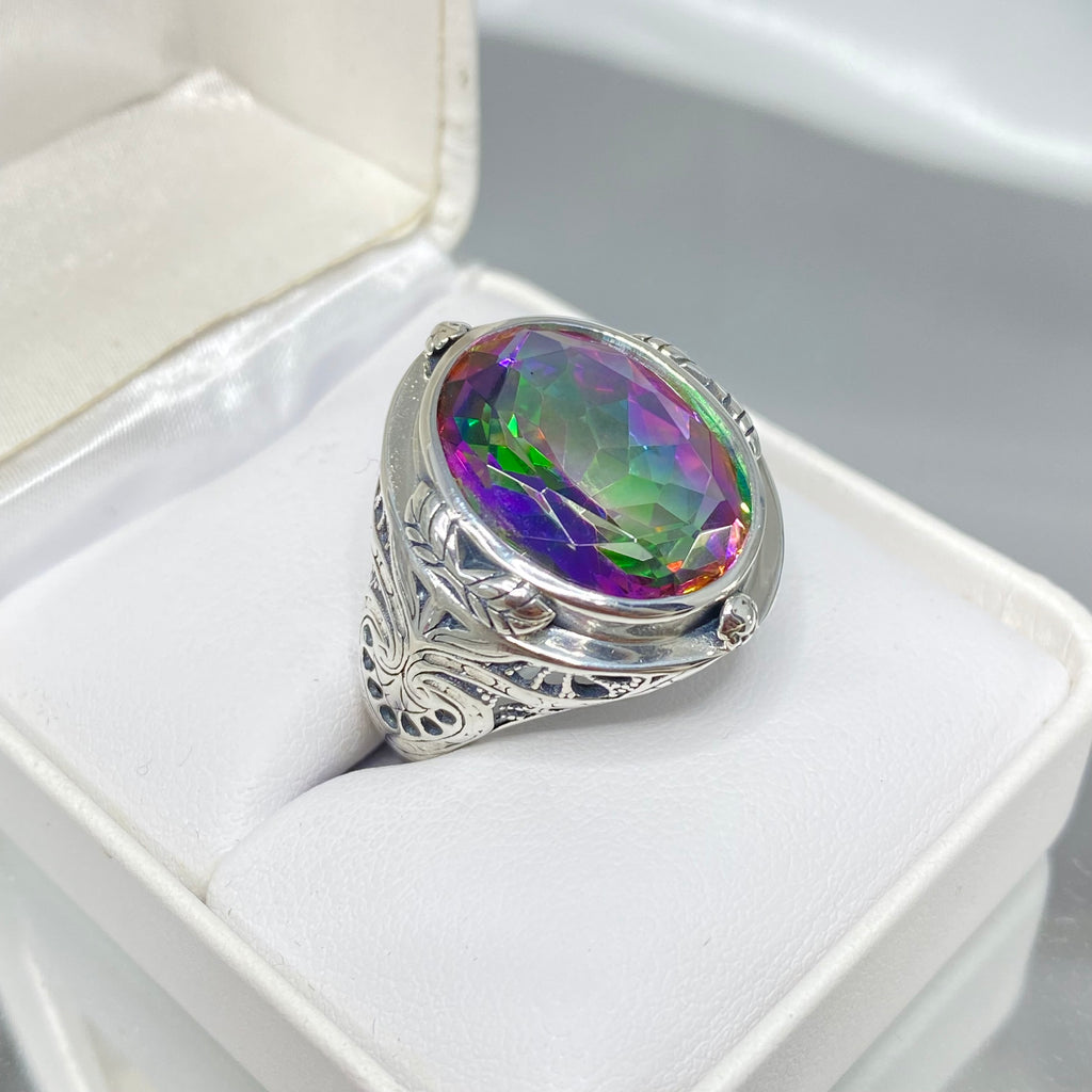 Mystic Oval Gemstone Ring, Sterling silver leaf filigree, Antique style, Large ring, Silver Embrace Jewelry, D2 GG Ring, Multicolored gemstone ring in a white jewelry box