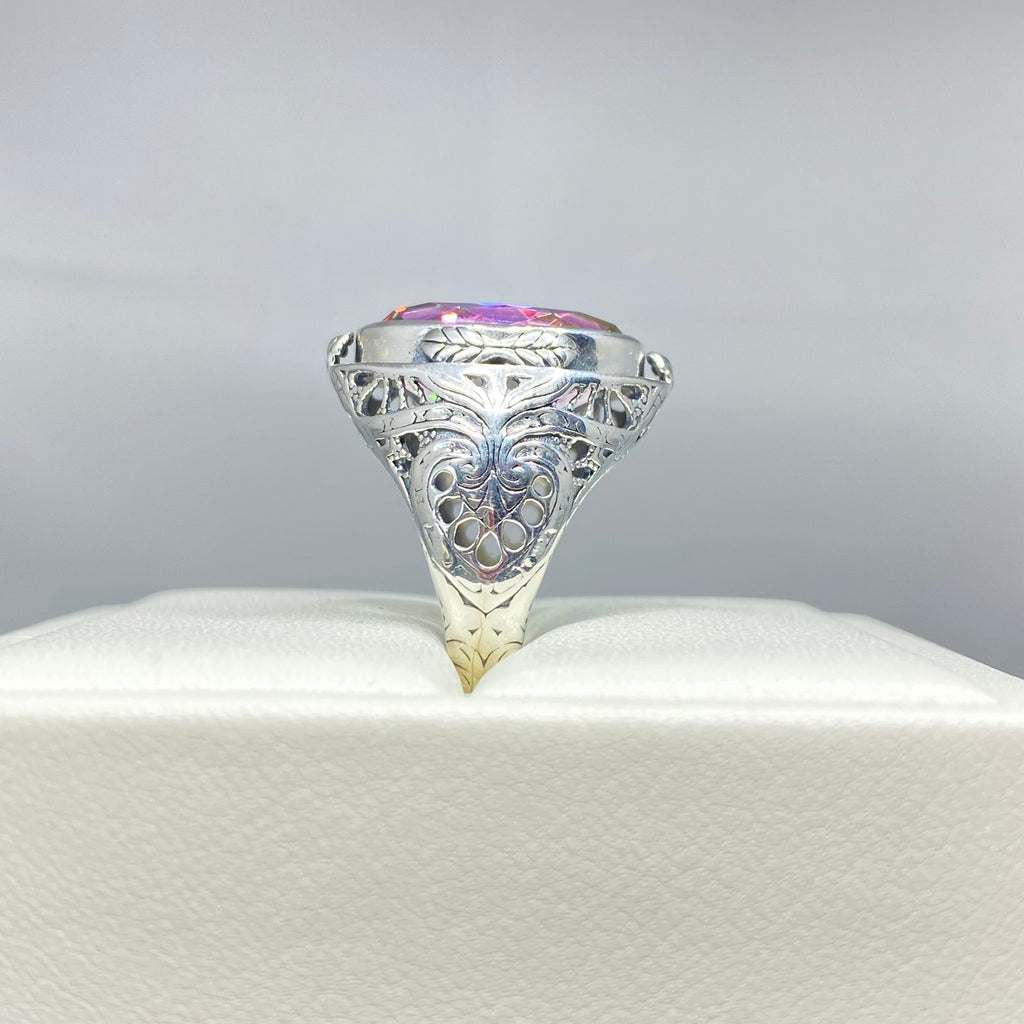 Mystic Oval Gemstone Ring, Sterling silver leaf filigree, Antique style, Large ring, Silver Embrace Jewelry, D2 GG Ring, Multicolored gemstone ring in a white jewelry box
