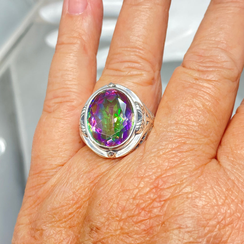Mystic Oval Gemstone Ring, Sterling silver leaf filigree, Antique style, Large ring, Silver Embrace Jewelry, D2 GG Ring, Multicolored gemstone ring on a finger