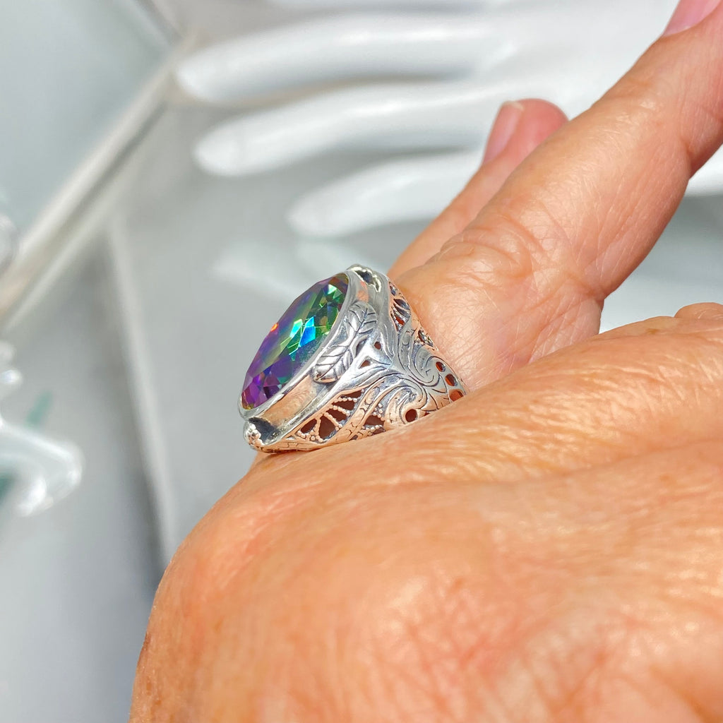 Mystic Oval Gemstone Ring, Sterling silver leaf filigree, Antique style, Large ring, Silver Embrace Jewelry, D2 GG Ring, Multicolored gemstone ring on a finger