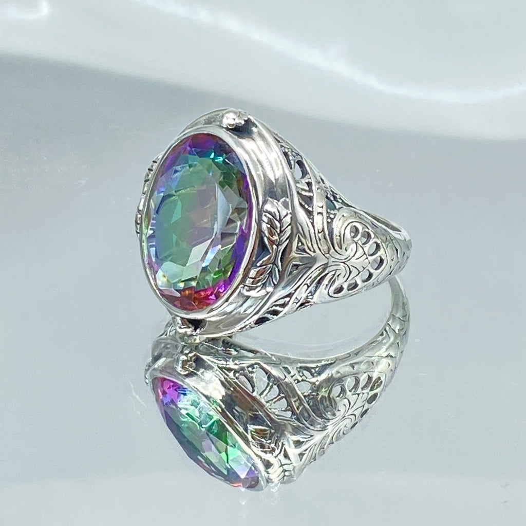 Mystic Oval Gemstone Ring, Sterling silver leaf filigree, Antique style, Large ring, Silver Embrace Jewelry, D2 GG Ring, Multicolored gemstone ring on a mirror