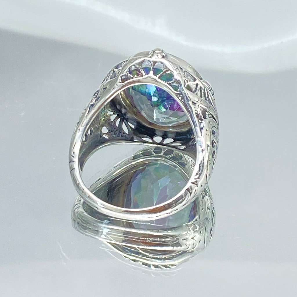 Mystic Oval Gemstone Ring, Sterling silver leaf filigree, Antique style, Large ring, Silver Embrace Jewelry, D2 GG Ring, Multicolored gemstone ring on a mirror