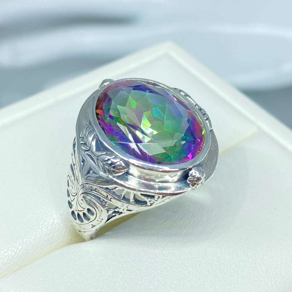 Mystic Oval Gemstone Ring, Sterling silver leaf filigree, Antique style, Large ring, Silver Embrace Jewelry, D2 GG Ring, Multicolored gemstone ring in a white jewelry box