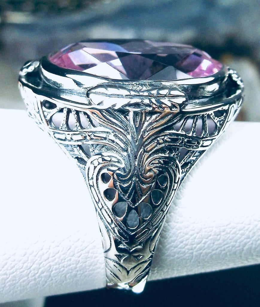 Pink Topaz Ring, Large Oval Victorian Ring, Floral Filigree, Sterling Silver Ring, Silver Embrace Jewelry, GG Design#2