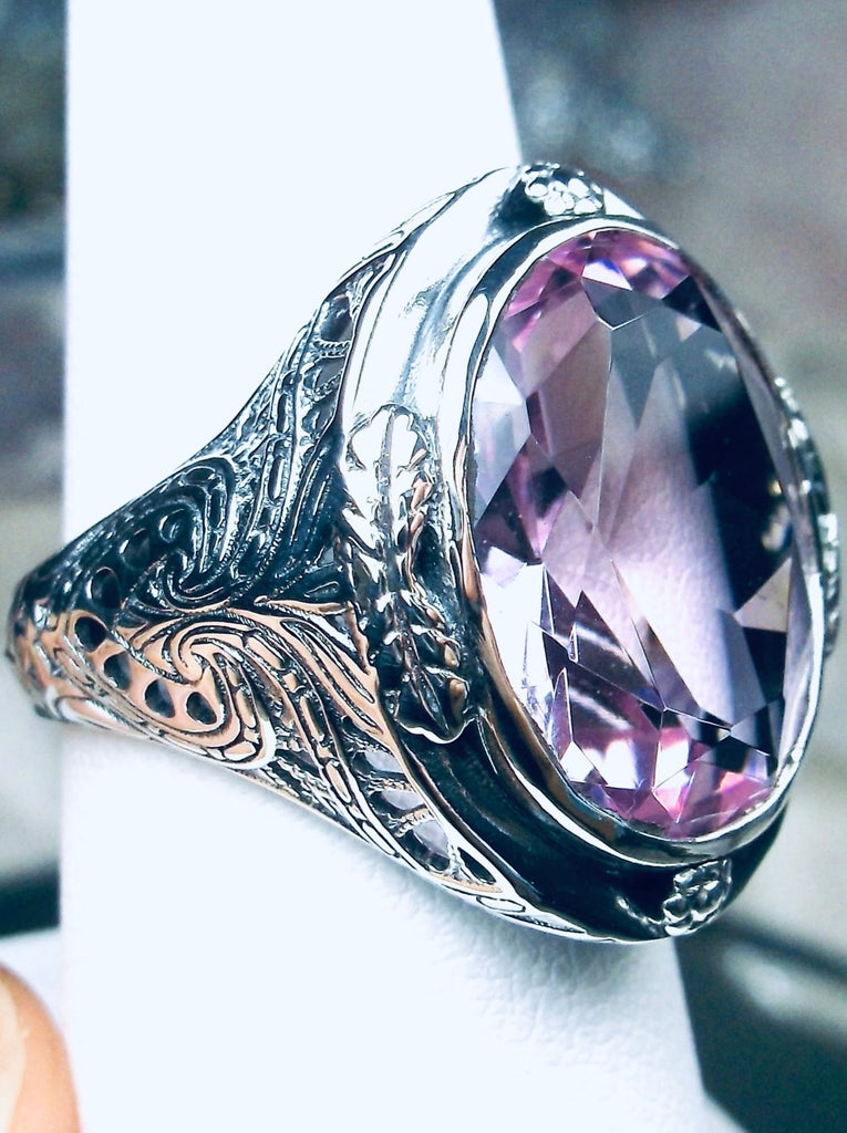 Pink Topaz Ring, Large Oval Victorian Ring, Floral Filigree, Sterling Silver Ring, Silver Embrace Jewelry, GG Design#2
