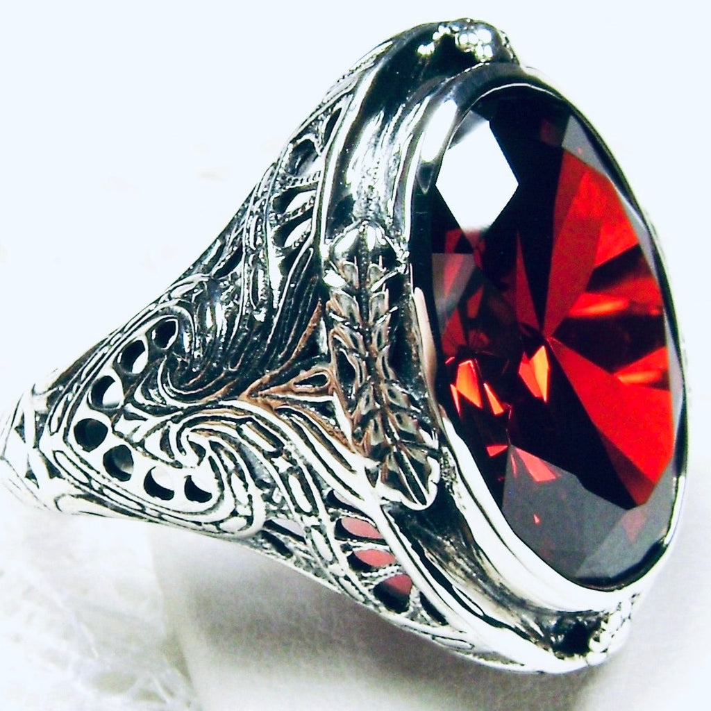 Red Garnet Cubic Zirconia Ring, Large Oval Victorian Ring, Floral Filigree, Sterling Silver Ring, Silver Embrace Jewelry, GG Design#2
