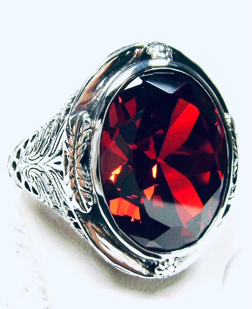 Red Garnet Cubic Zirconia Ring, Large Oval Victorian Ring, Floral Filigree, Sterling Silver Ring, Silver Embrace Jewelry, GG Design#2