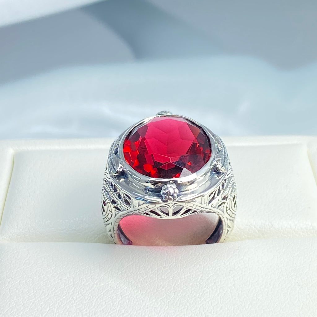 Red Ruby Ring, Large Oval Victorian Ring, Floral Filigree, Sterling Silver Ring, Silver Embrace Jewelry, GG Design#2