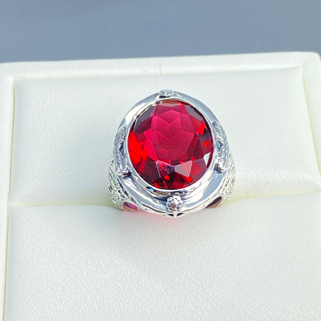 Red Ruby Ring, Large Oval Victorian Ring, Floral Filigree, Sterling Silver Ring, Silver Embrace Jewelry, GG Design#2