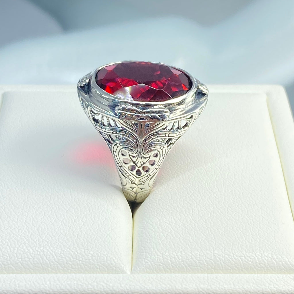 Red Ruby Ring, Large Oval Victorian Ring, Floral Filigree, Sterling Silver Ring, Silver Embrace Jewelry, GG Design#2