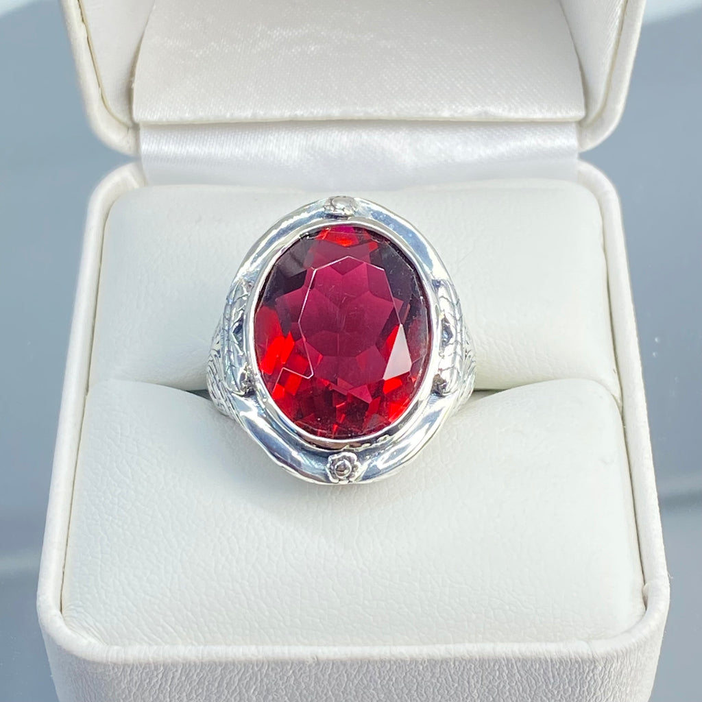 Red Ruby Ring, Large Oval Victorian Ring, Floral Filigree, Sterling Silver Ring, Silver Embrace Jewelry, GG Design#2