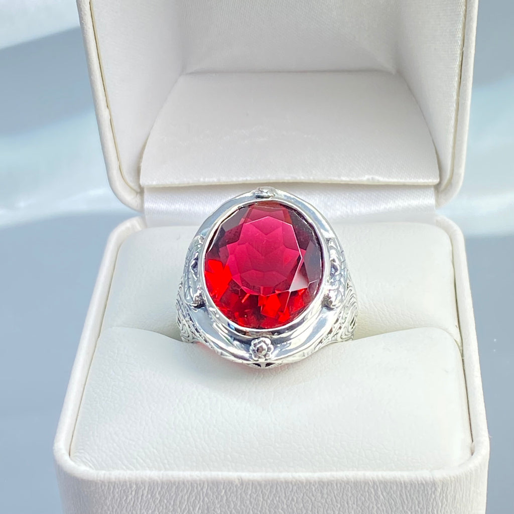 Red Ruby Ring, Large Oval Victorian Ring, Floral Filigree, Sterling Silver Ring, Silver Embrace Jewelry, GG Design#2