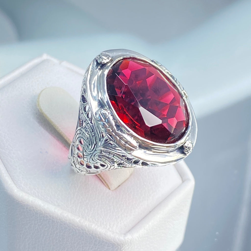 Red Ruby Ring, Large Oval Victorian Ring, Floral Filigree, Sterling Silver Ring, Silver Embrace Jewelry, GG Design#2