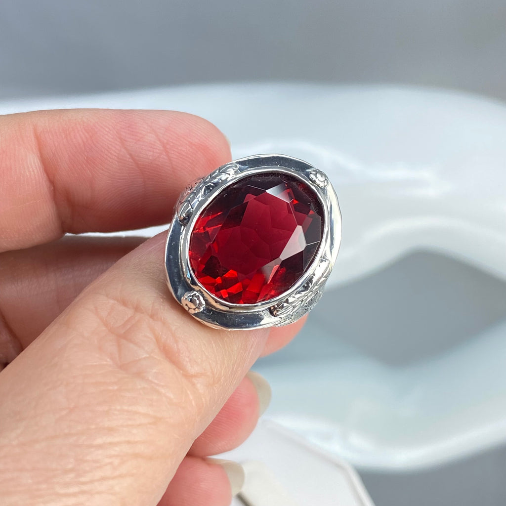 Red Ruby Ring, Large Oval Victorian Ring, Floral Filigree, Sterling Silver Ring, Silver Embrace Jewelry, GG Design#2