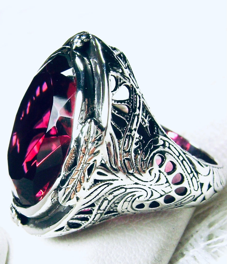 Red Ruby Ring, Large Oval Victorian Ring, Floral Filigree, Sterling Silver Ring, Silver Embrace Jewelry, GG Design#2