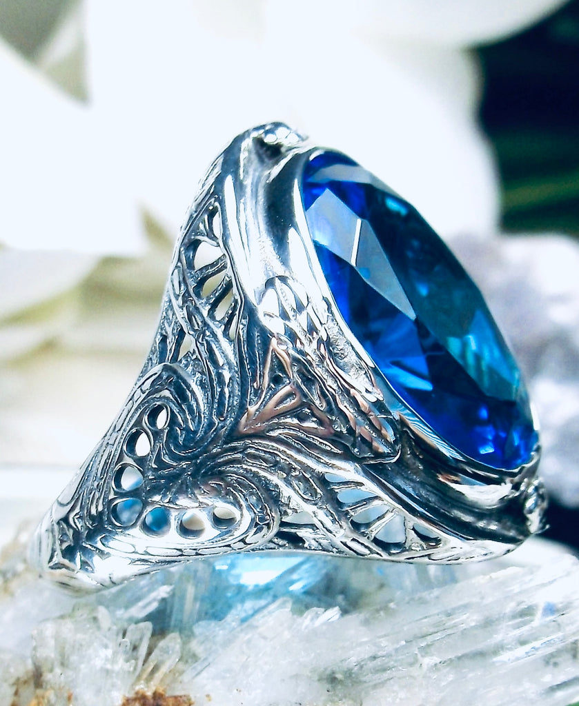 Swiss Blue Topaz Ring, Large Oval Victorian Ring, Floral Filigree, Sterling Silver Ring, Silver Embrace Jewelry, GG Design#2