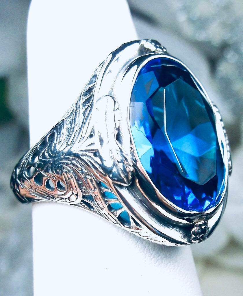 Swiss Blue Topaz Ring, Large Oval Victorian Ring, Floral Filigree, Sterling Silver Ring, Silver Embrace Jewelry, GG Design#2