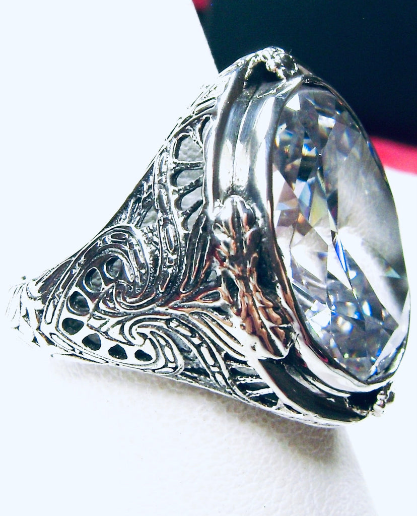 White Cubic Zirconia (CZ) Ring, Large Oval Victorian Ring, Floral Filigree, Sterling Silver Ring, Silver Embrace Jewelry, GG Design#2