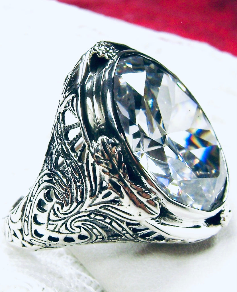 White Cubic Zirconia (CZ) Ring, Large Oval Victorian Ring, Floral Filigree, Sterling Silver Ring, Silver Embrace Jewelry, GG Design#2