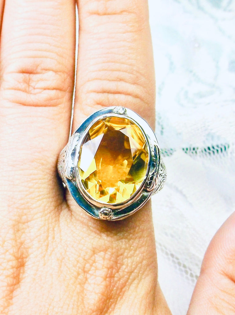 Yellow Citrine Ring, Large Oval Victorian Ring, Floral Filigree, Sterling Silver Ring, Silver Embrace Jewelry, GG Design#2