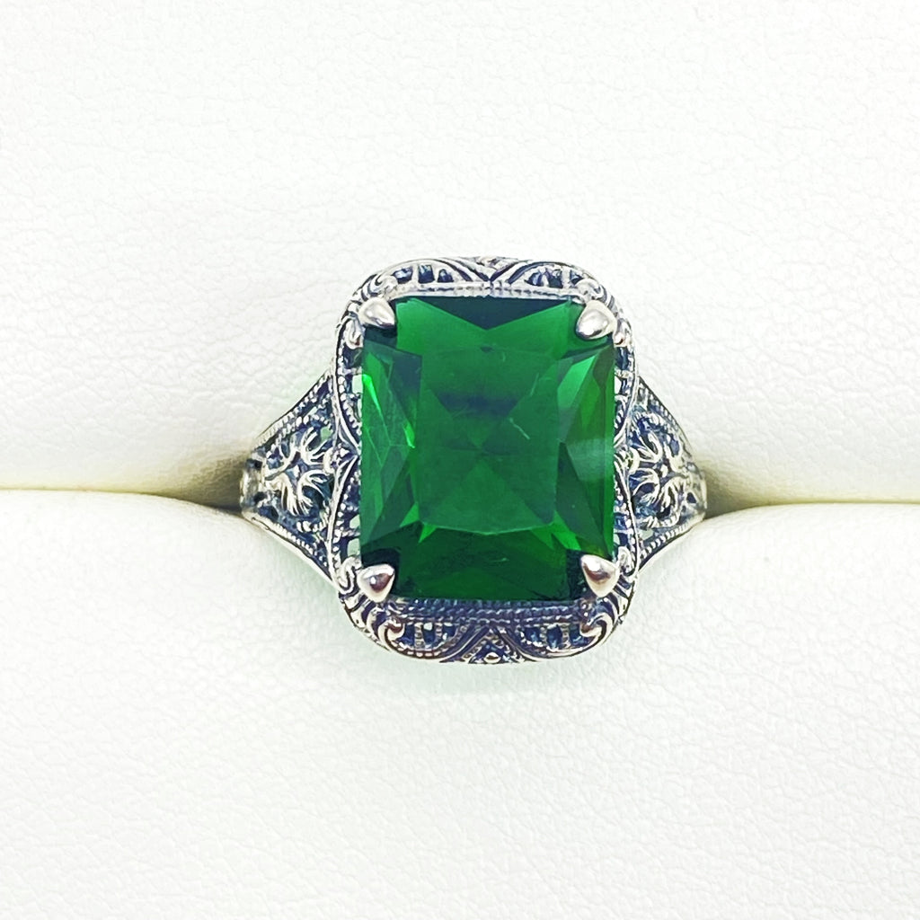 Green Emerald Ring, Autumn Design, Rectangle Gemstone, Vintage Victorian Jewelry, #D200