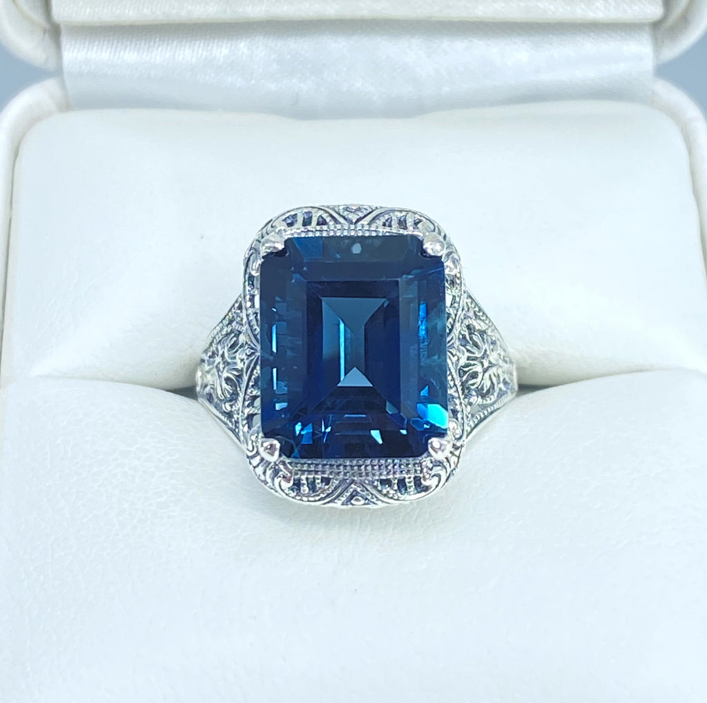 Natural London Blue Topaz Ring, Autumn Design, Rectangle Gemstone, Vintage Victorian Jewelry, #D200