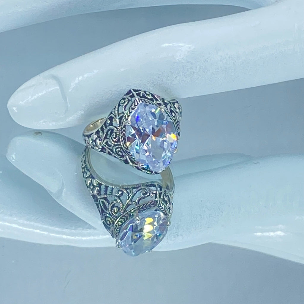 White CZ Ring, Marquise Gemstone, Art Deco Filigree, Sterling Silver Jewelry, Silver Embrace Jewelry, D201