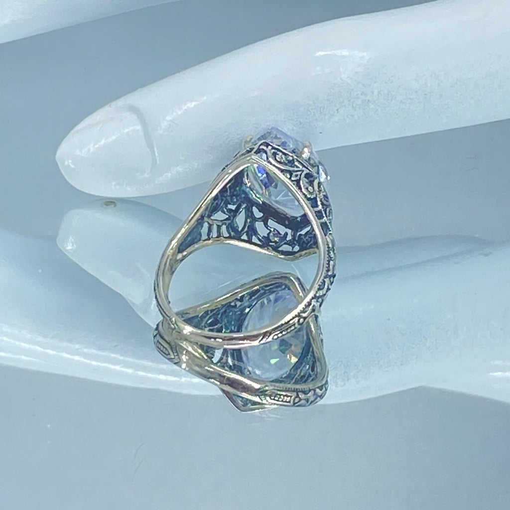 White CZ Ring, Marquise Gemstone, Art Deco Filigree, Sterling Silver Jewelry, Silver Embrace Jewelry, D201
