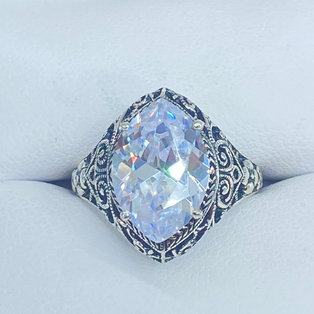White CZ Ring, Marquise Gemstone, Art Deco Filigree, Sterling Silver Jewelry, Silver Embrace Jewelry, D201
